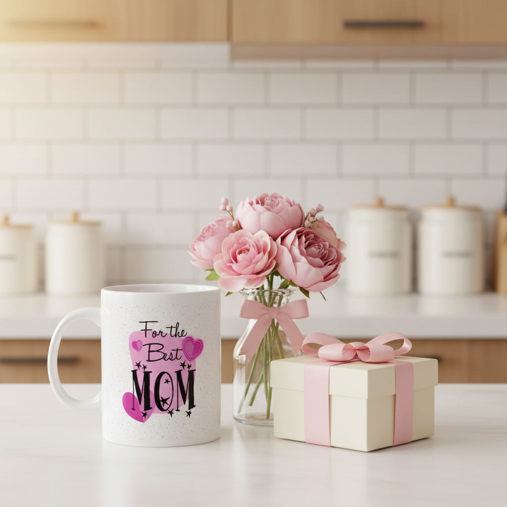 Best Mom mug on kitchen counter with pink flowers and gift box lifestyle photo