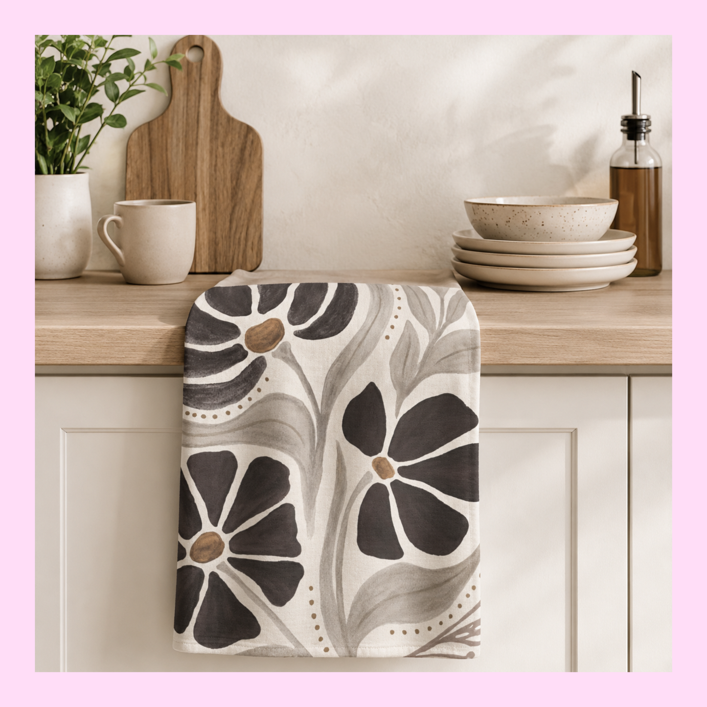 Geometric Floral Tea Towel – Modern Microfiber Kitchen Towel | Elegant Housewarming Gift