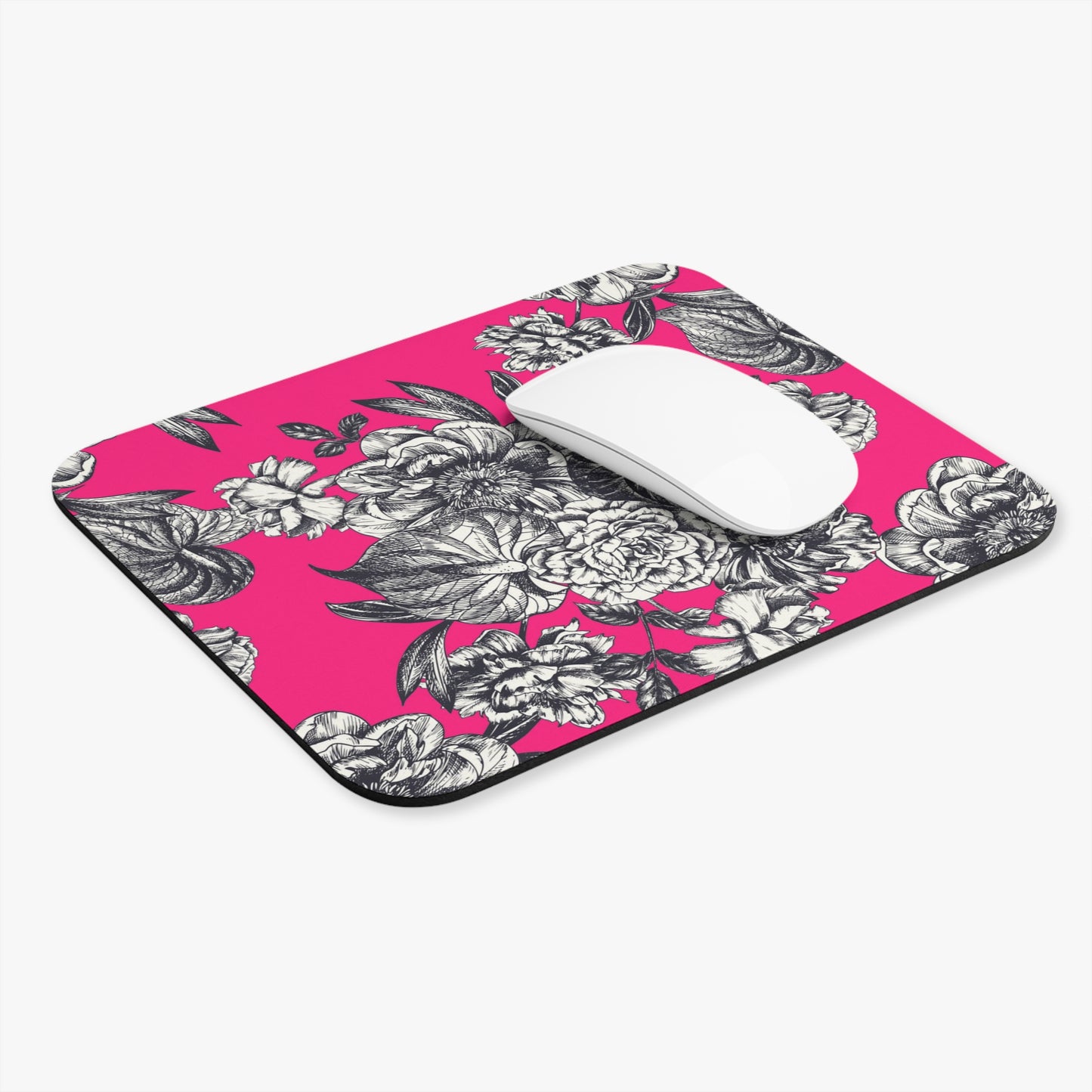Vintage Black Floral on Hot Pink Mouse Pad | Botanical Desk Accessory