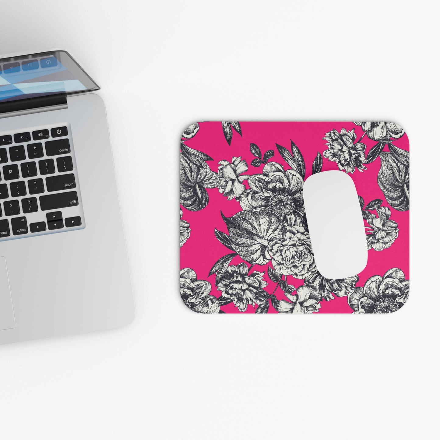 Vintage Black Floral on Hot Pink Mouse Pad | Botanical Desk Accessory