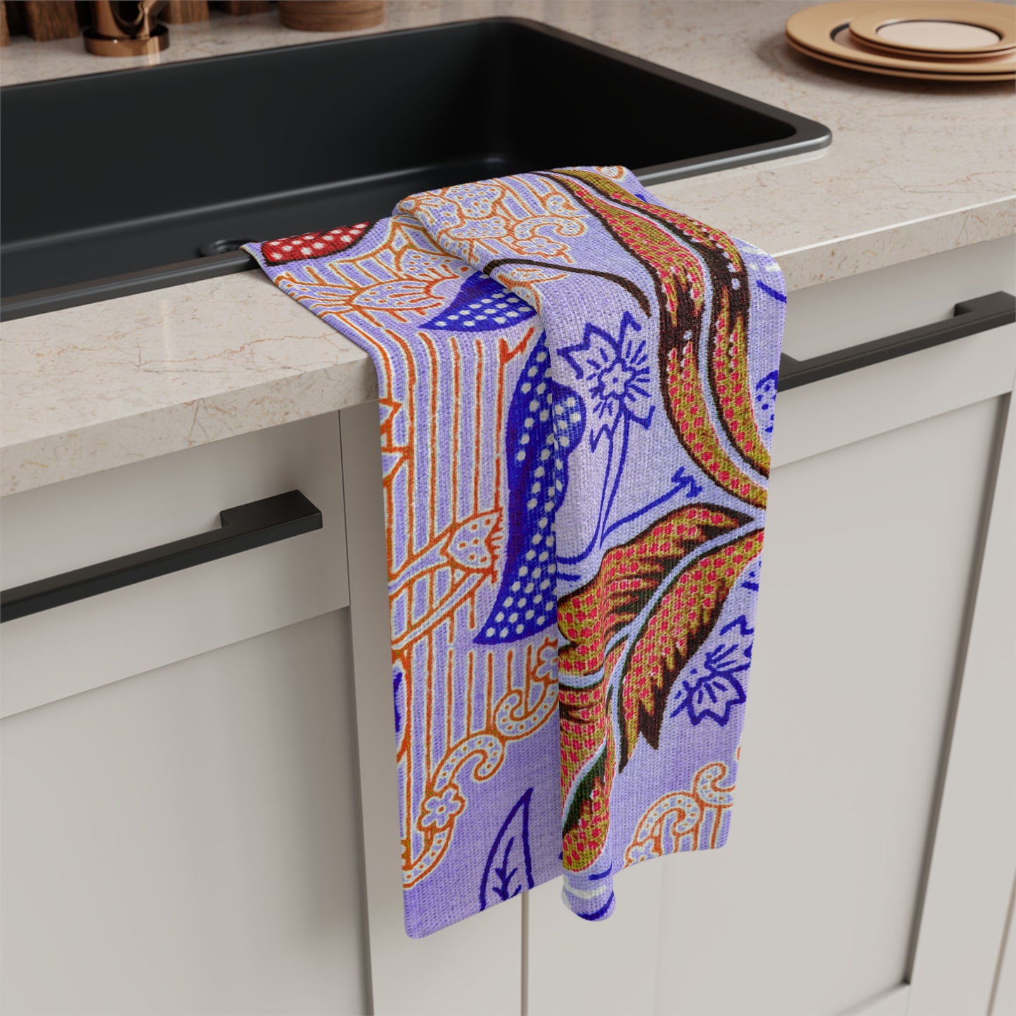 Lavender Batik Floral Tea Towel – Boho Microfiber Kitchen Towel | Colorful Housewarming Gift