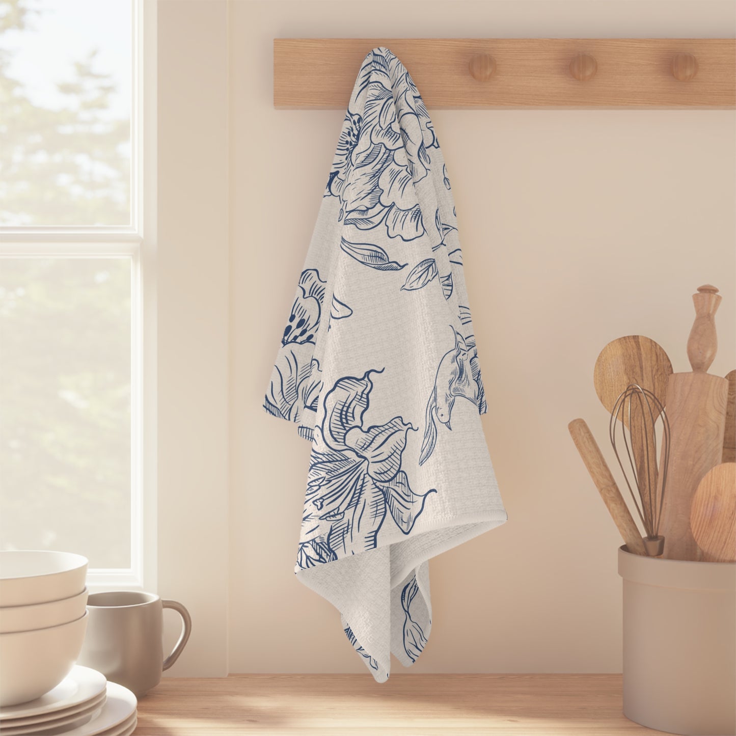 Blue Floral Tea Towel – Vintage Botanical Microfiber Kitchen Towel | Cottage Home Gift