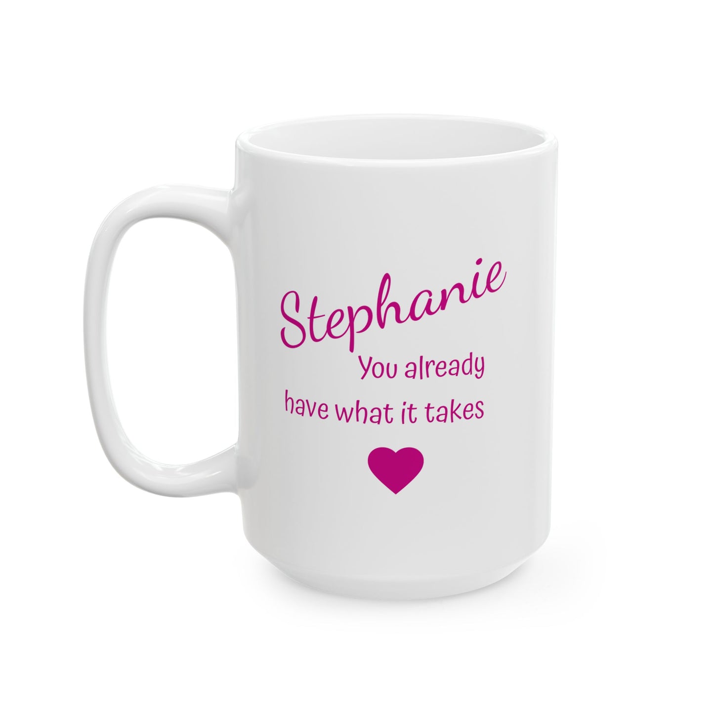 White mug with pink text and heart design on a white background