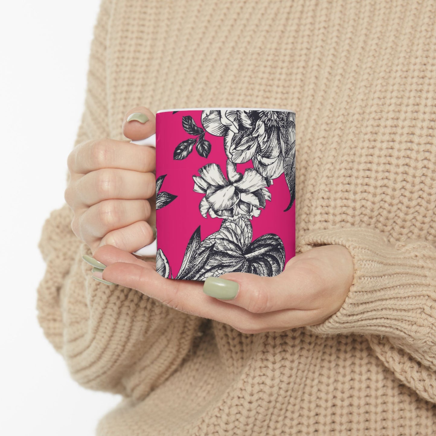 Pink Floral Ceramic Mug, (11oz, 15oz)
