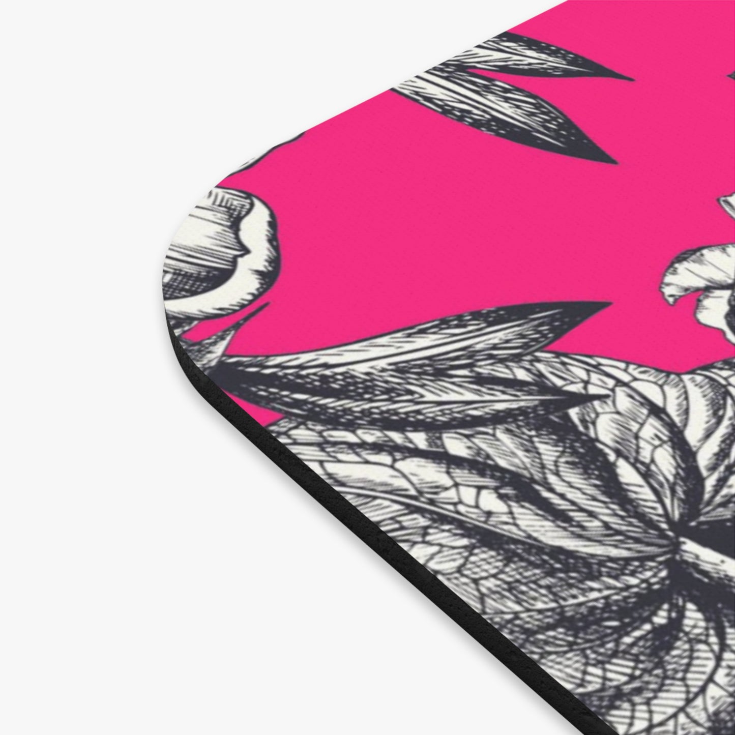 Vintage Black Floral on Hot Pink Mouse Pad | Botanical Desk Accessory