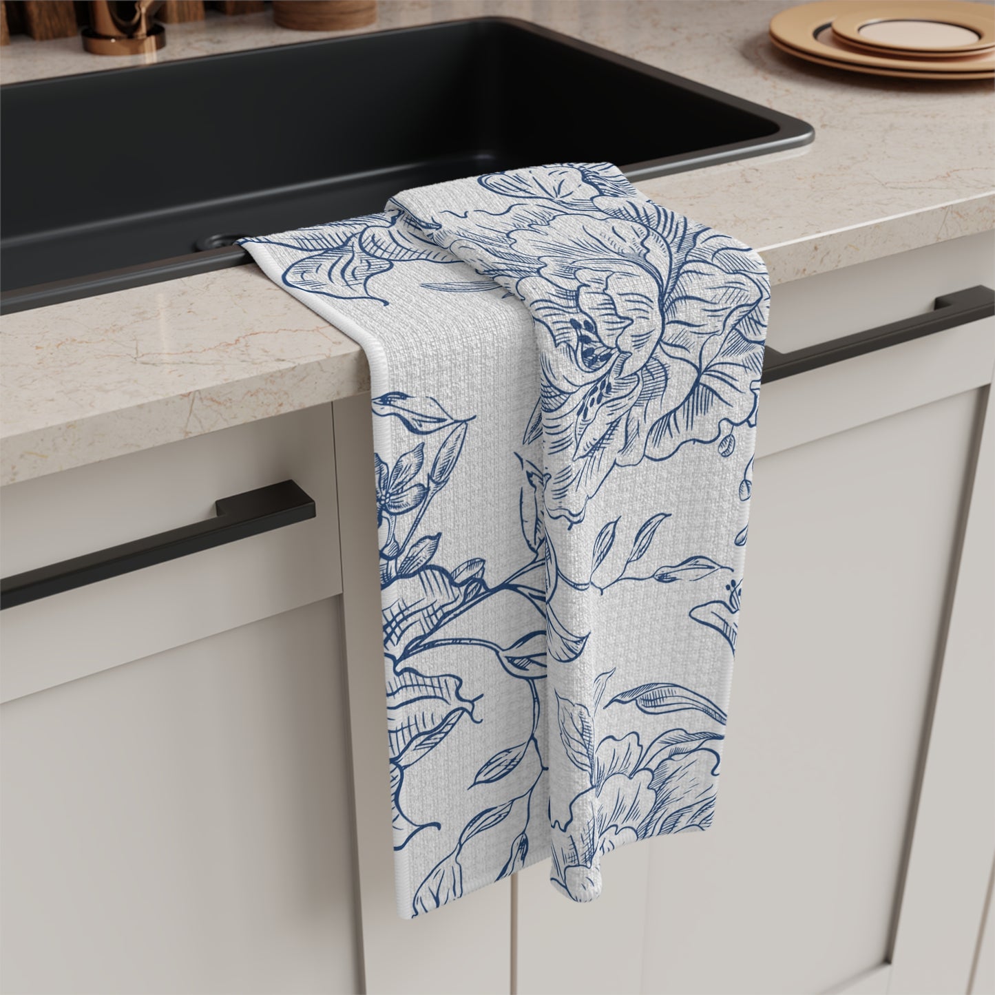 Blue Floral Tea Towel – Vintage Botanical Microfiber Kitchen Towel | Cottage Home Gift