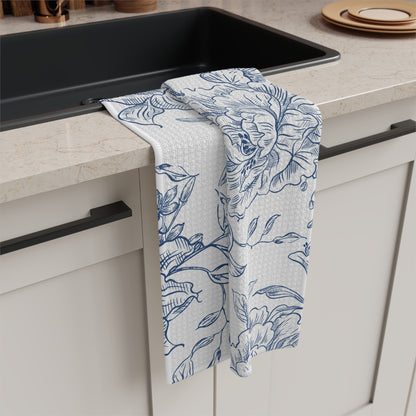 Blue Floral Tea Towel – Vintage Botanical Microfiber Kitchen Towel | Cottage Home Gift