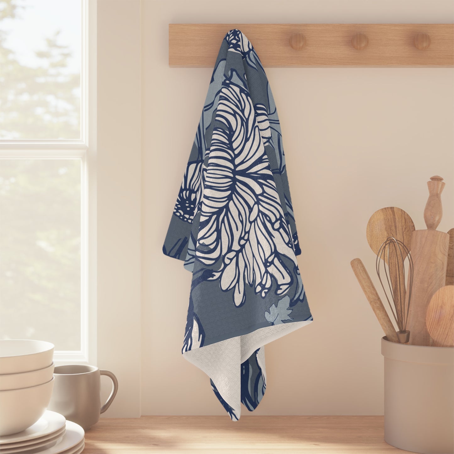 Blue Chrysanthemum Tea Towel – Painterly Microfiber Kitchen Towel | Artful Home Gift