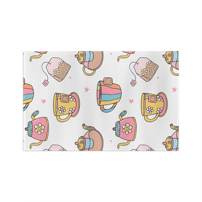 Whimsical Teapot & Cup Pattern Pastel Tea Time Microfiber Tea Towel