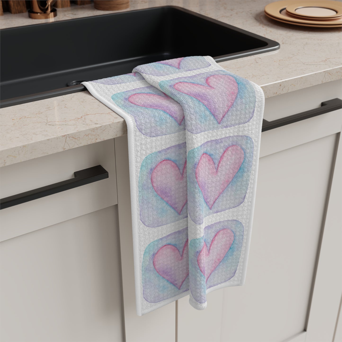 Pastel Watercolor Hearts Kitchen Towel — Soft Microfiber Heart Grid Tea Towel