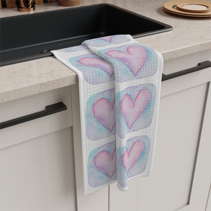 Pastel Watercolor Hearts Kitchen Towel — Soft Microfiber Heart Grid Tea Towel