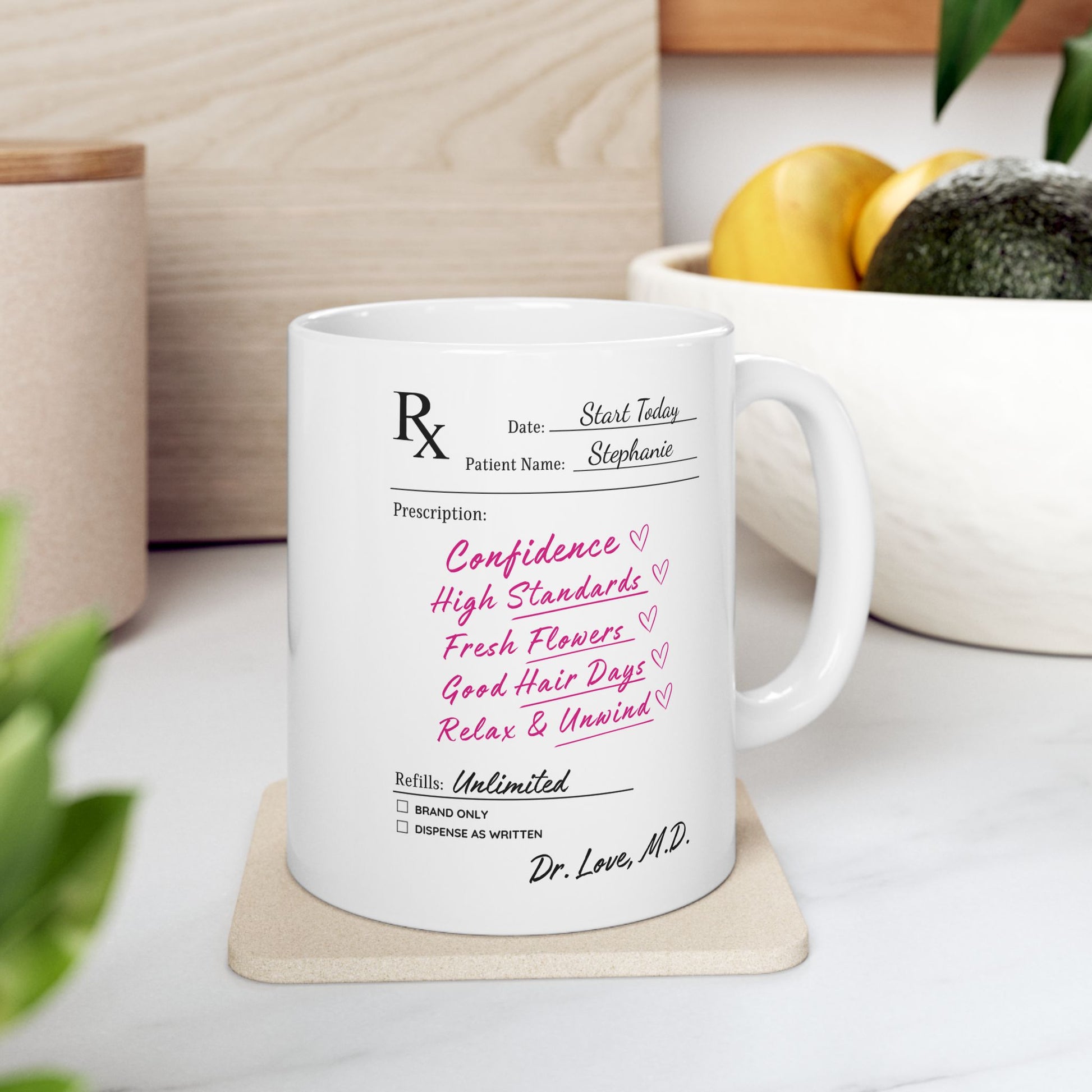 White mug with a personalized prescription design on a wooden coaster.