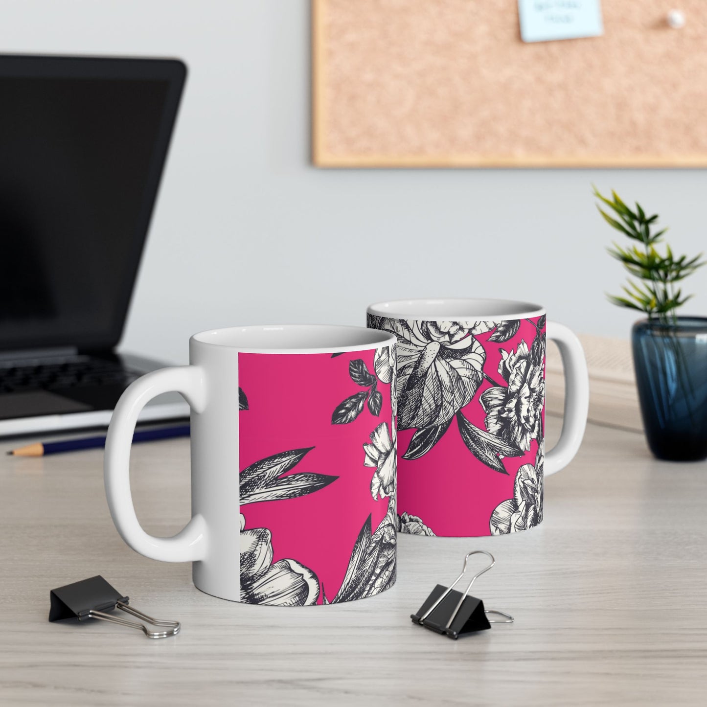 Pink Floral Ceramic Mug, (11oz, 15oz)