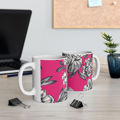 Pink Floral Ceramic Mug, (11oz, 15oz)