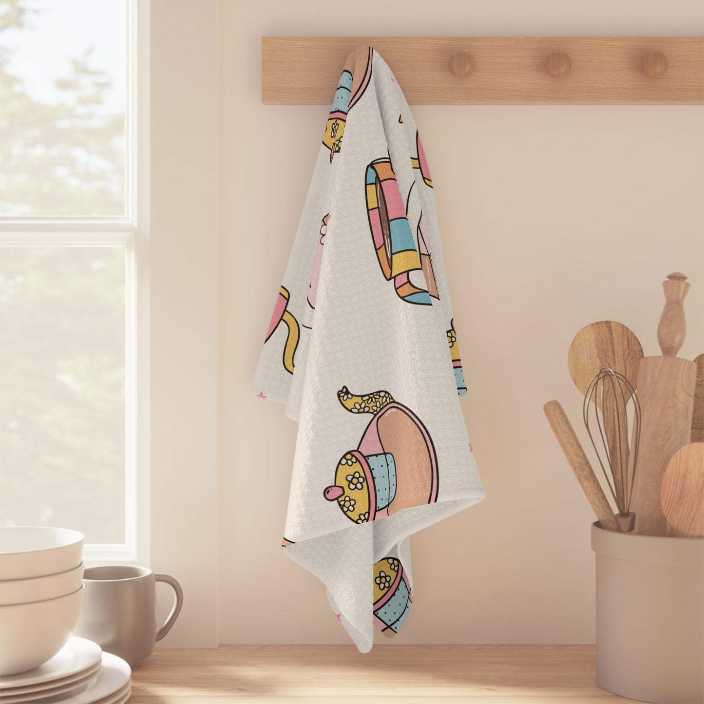 Whimsical Teapot & Cup Pattern Pastel Tea Time Microfiber Tea Towel