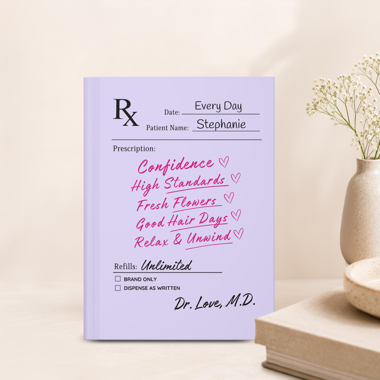 Doctor's Orders Journal – Personalized Prescription Notebook | Funny Self-Care Gift for Women (Purple)