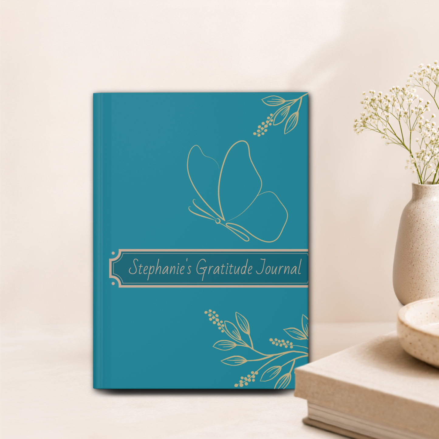 Personalized Teal And Gold Floral Notebook With Aesthetic Butterflies