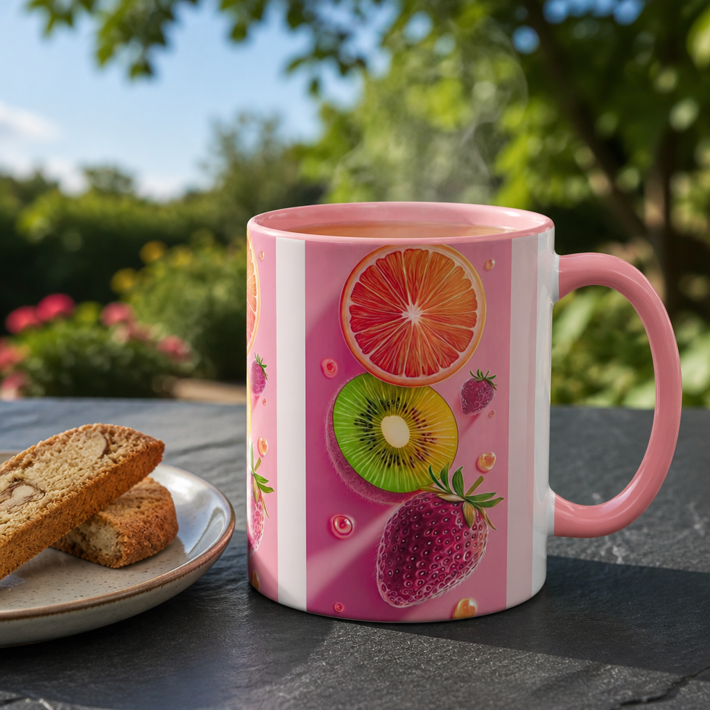 A pink ceramic mug with a colorful fruit print sits on a dark stone table outdoors, next to a plate of biscotti cookies, with a blurred garden background.
