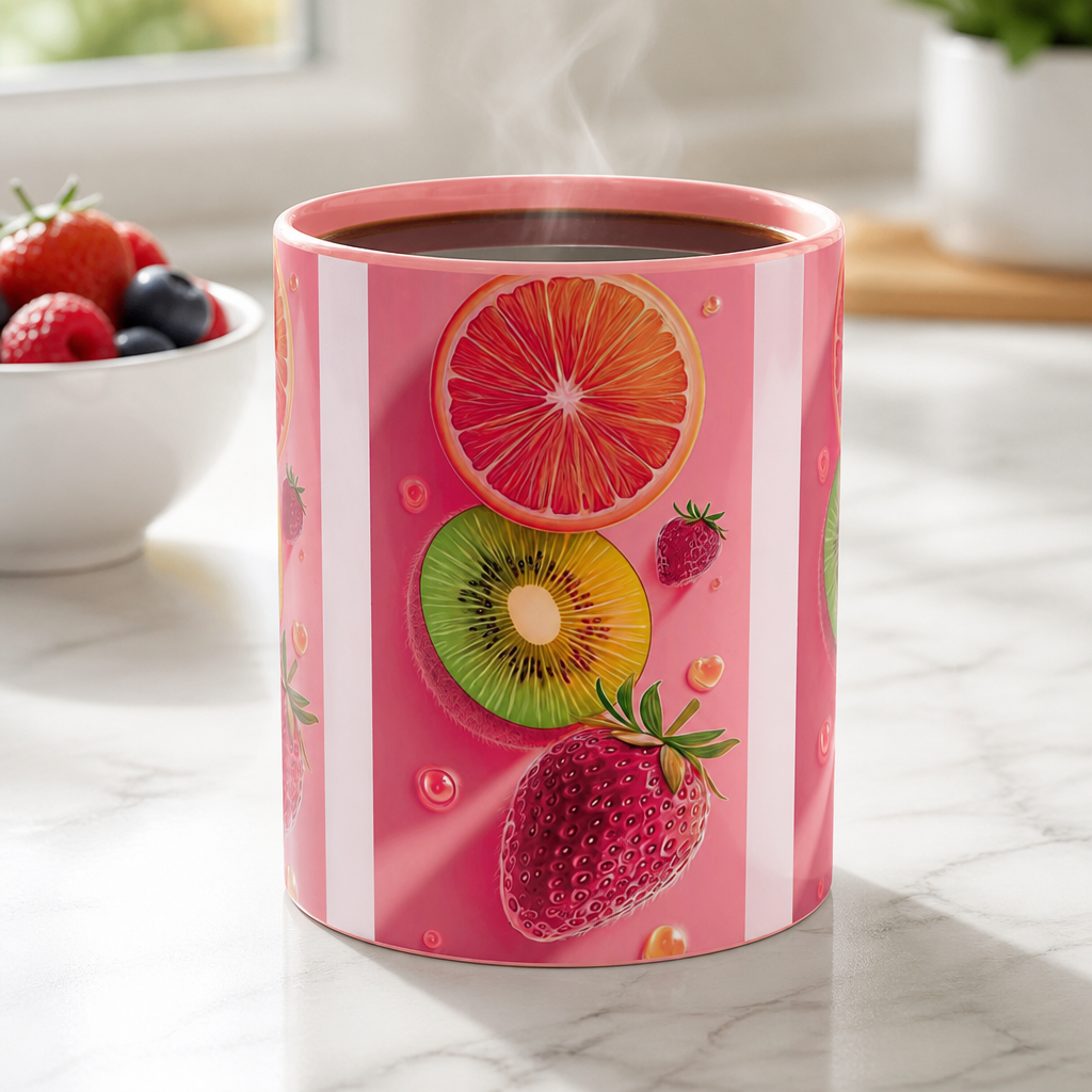 A pink ceramic mug with a fruit pattern, filled with a hot beverage and shown on a marble countertop with a bowl of fresh berries in the background.