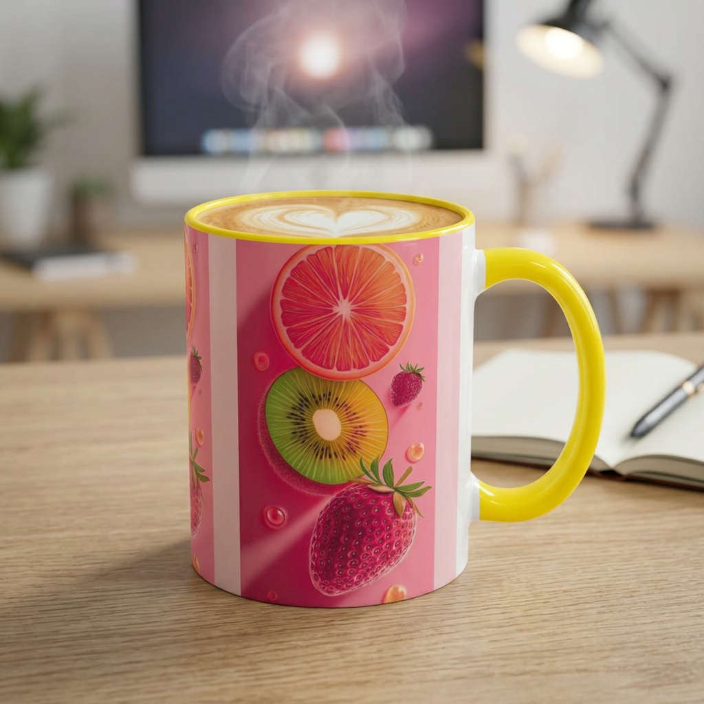 A pink ceramic mug with a yellow handle and rim, decorated with a vibrant fruit pattern of sliced orange, kiwi, strawberries, and berries. The mug is shown on a wooden desk with a blurred office background.