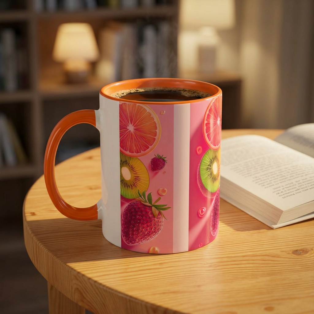 A ceramic coffee mug with a bright orange handle and rim, decorated with a pink and white striped pattern featuring illustrations of strawberries, kiwi, and citrus slices. The mug is filled with coffee and sits on a wooden table next to an open book in a warm, cozy room setting.