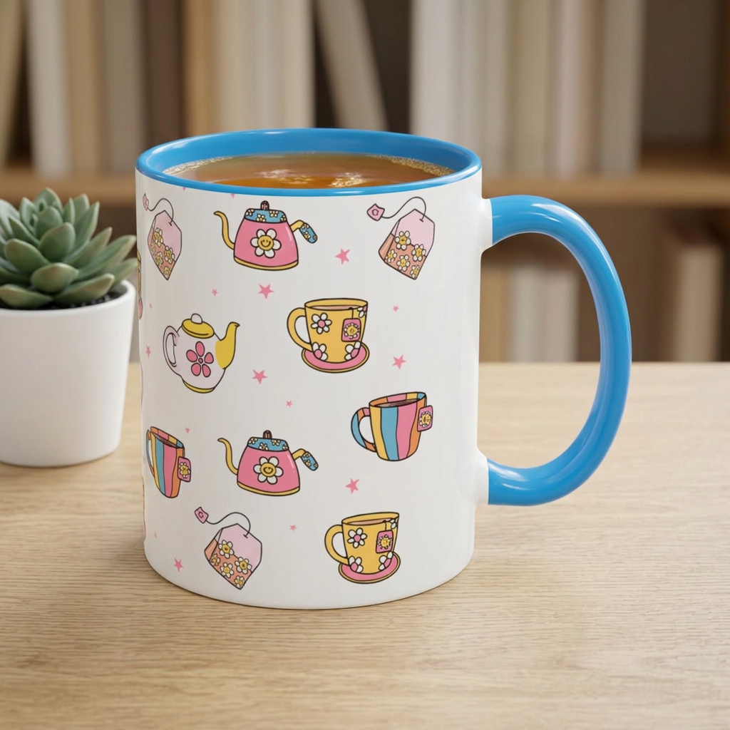 A white ceramic coffee mug with a blue handle and rim, decorated with a colorful pattern of teapots, cups, and tea bags. The mug is filled with coffee and sits on a light wooden table with a blurred background of a plant and curtains.
