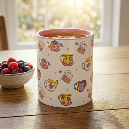 A white ceramic mug with a pink interior and a colorful pattern of teapots, teacups, and tea bags, filled with tea and set on a wooden table next to a bowl of berries.