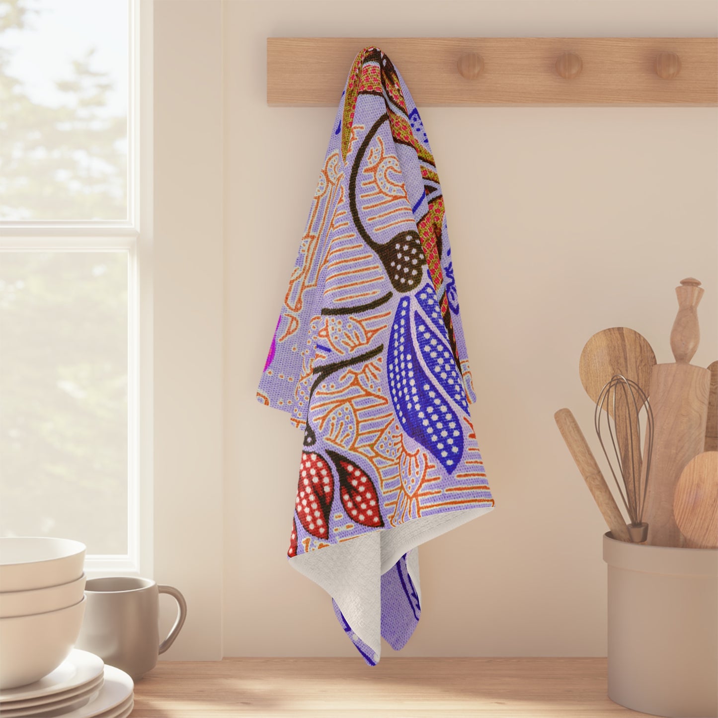 Lavender Batik Floral Tea Towel – Boho Microfiber Kitchen Towel | Colorful Housewarming Gift