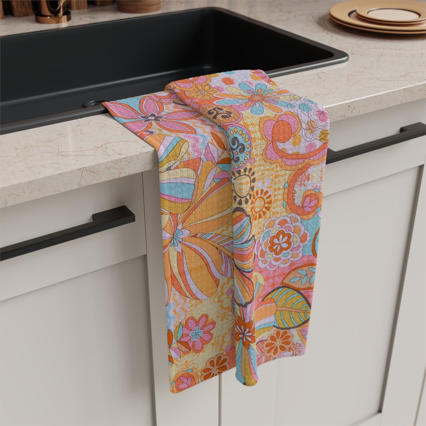 Retro Floral Kitchen Dish Towel – Quick-Dry Microfiber Tea Towel | Housewarming Gift