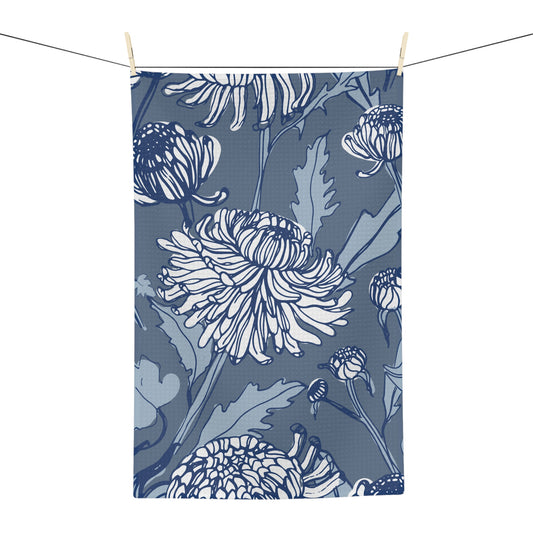 Blue Chrysanthemum Tea Towel – Painterly Microfiber Kitchen Towel | Artful Home Gift