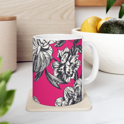 Pink Floral Ceramic Mug, (11oz, 15oz)