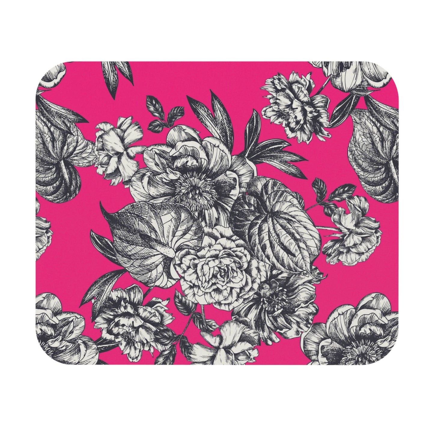 Vintage Black Floral on Hot Pink Mouse Pad | Botanical Desk Accessory