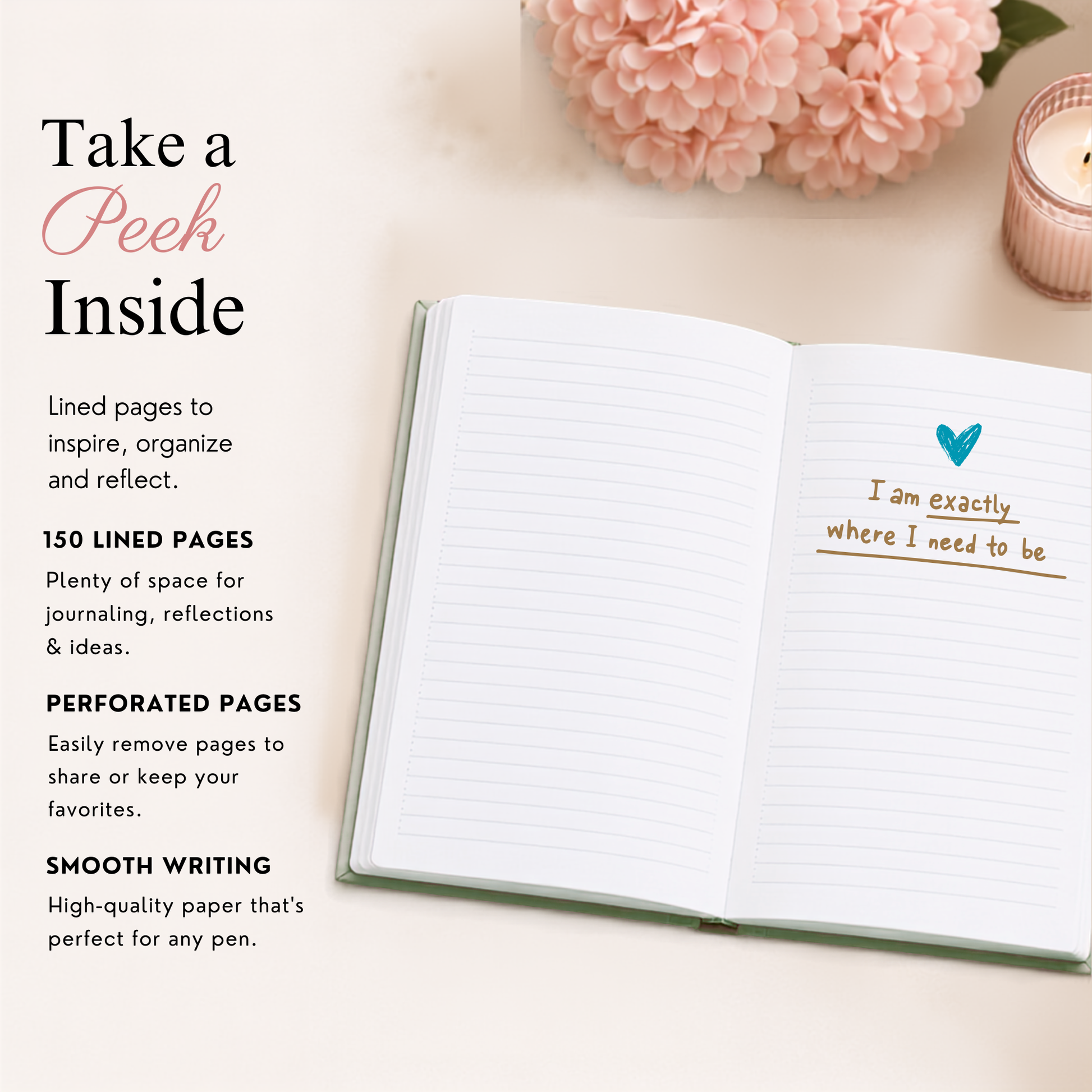 An open lined journal or notebook on a light beige surface with pink flowers and a candle in the background. Text on the left reads 'Take a Peek Inside' with bullet points about lined pages, perforated pages, and smooth writing.