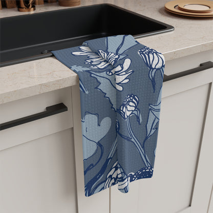 Blue Chrysanthemum Tea Towel – Painterly Microfiber Kitchen Towel | Artful Home Gift