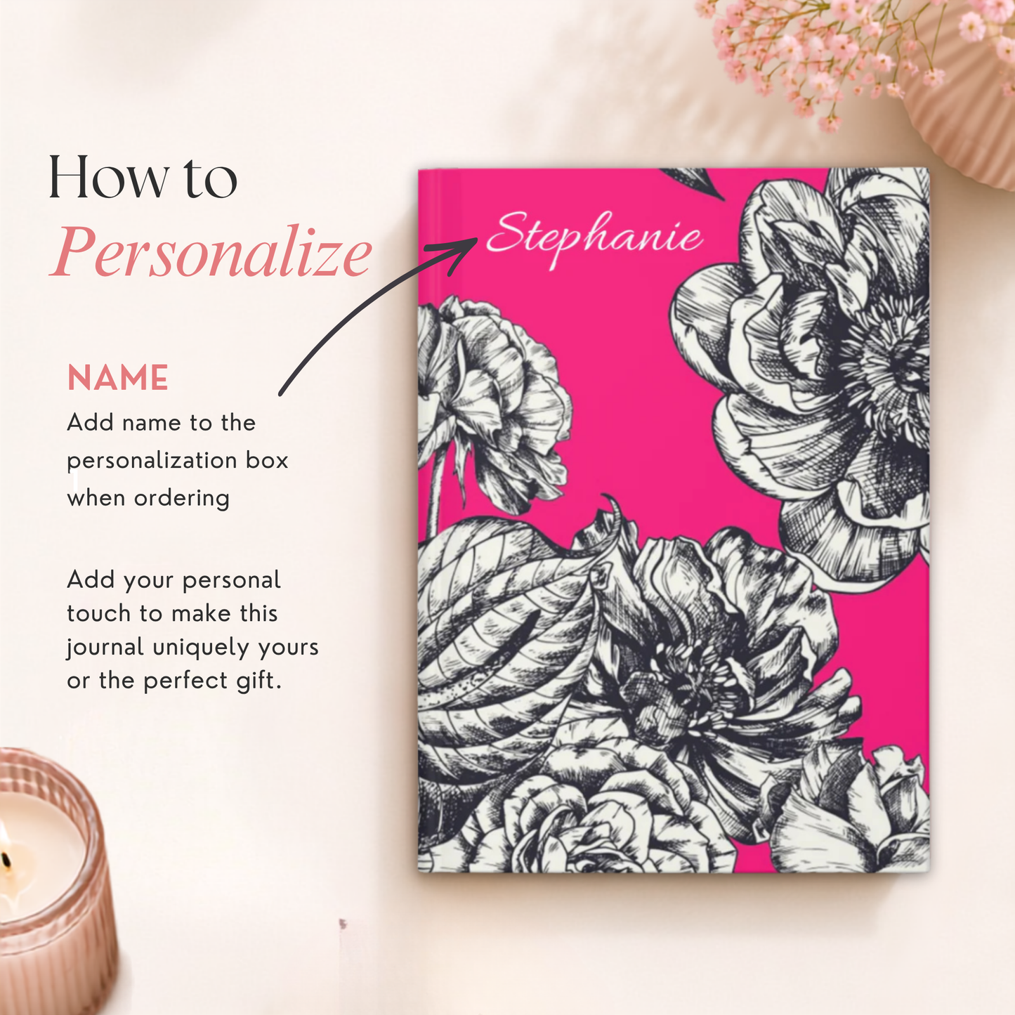 Personalized Pink Botanical Notebook | Custom Name Journal Gift