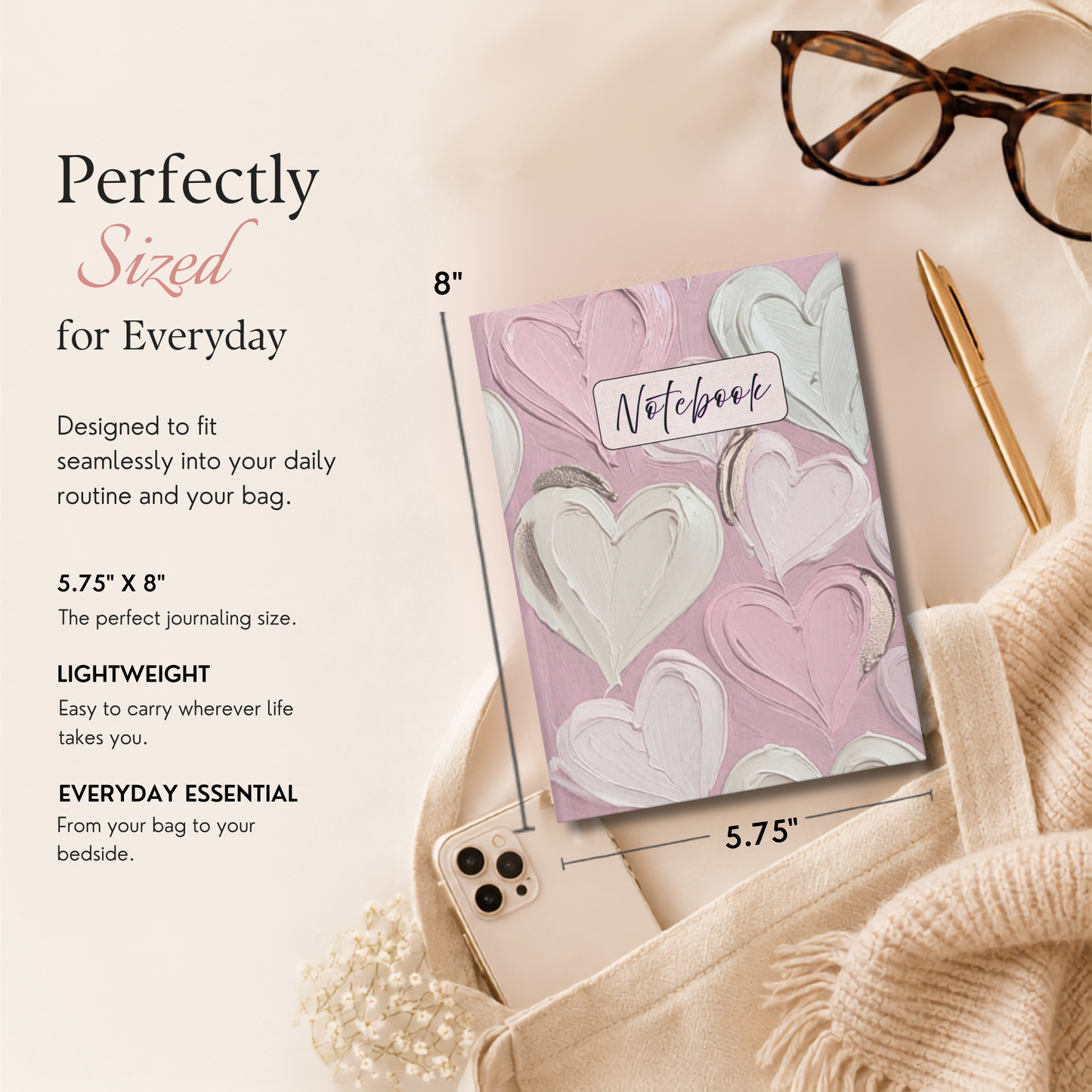 Heart Pattern Hardcover Notebook, Pink | Floral Botanical Journal