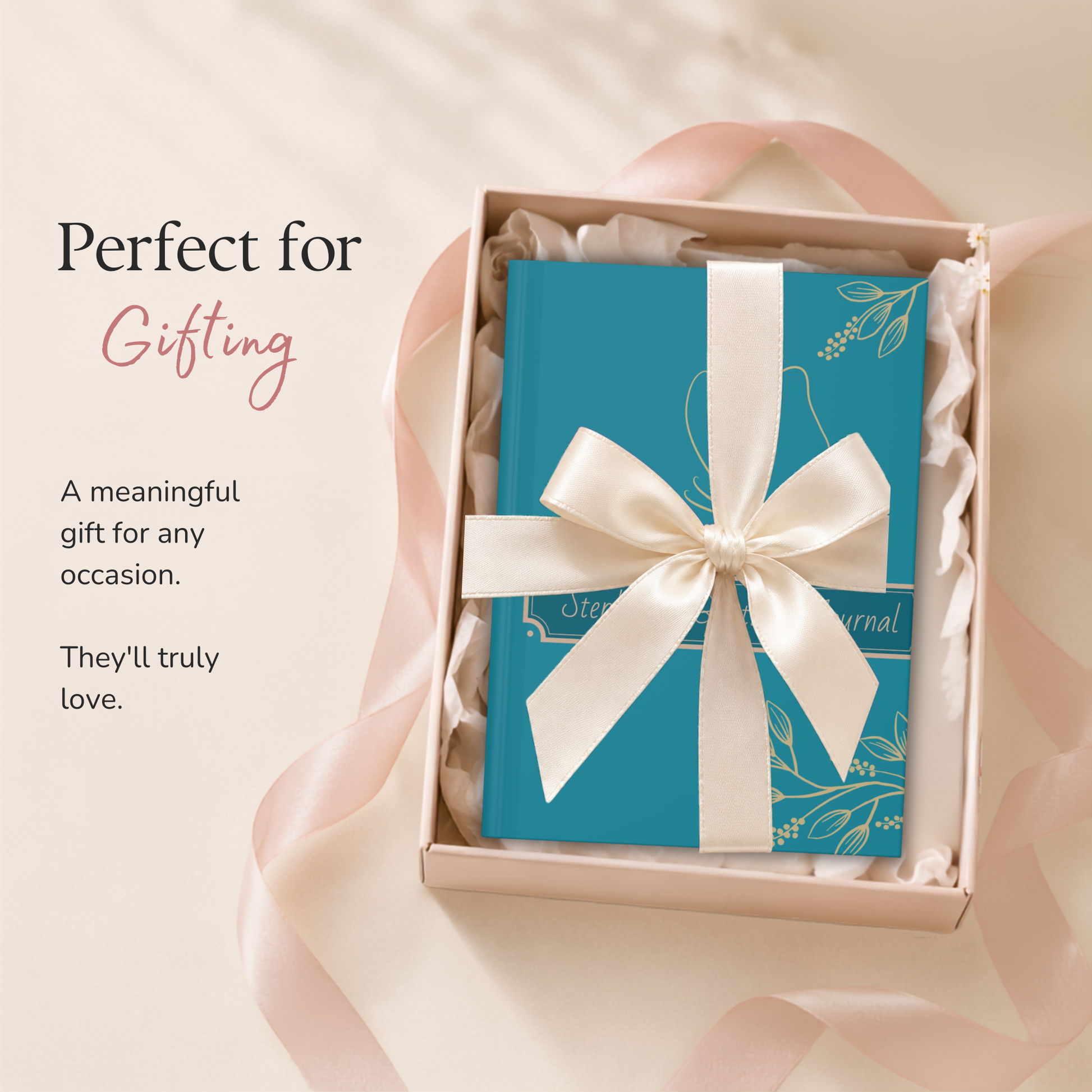 A turquoise journal presented in an open gift box with a cream ribbon bow, surrounded by soft pink ribbon and decorative text on a warm beige background.