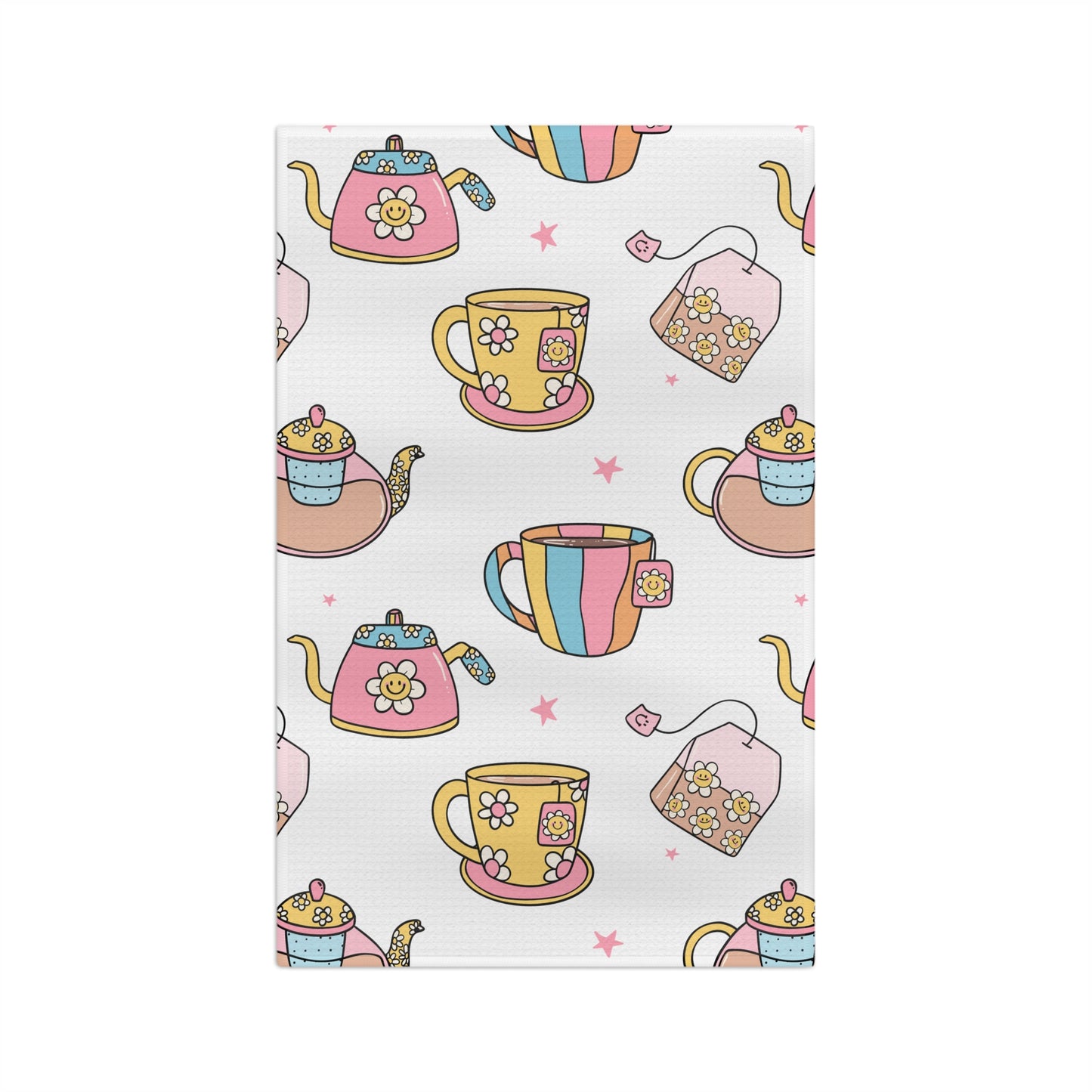 Whimsical Teapot & Cup Pattern Pastel Tea Time Microfiber Tea Towel