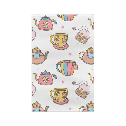 Whimsical Teapot & Cup Pattern Pastel Tea Time Microfiber Tea Towel