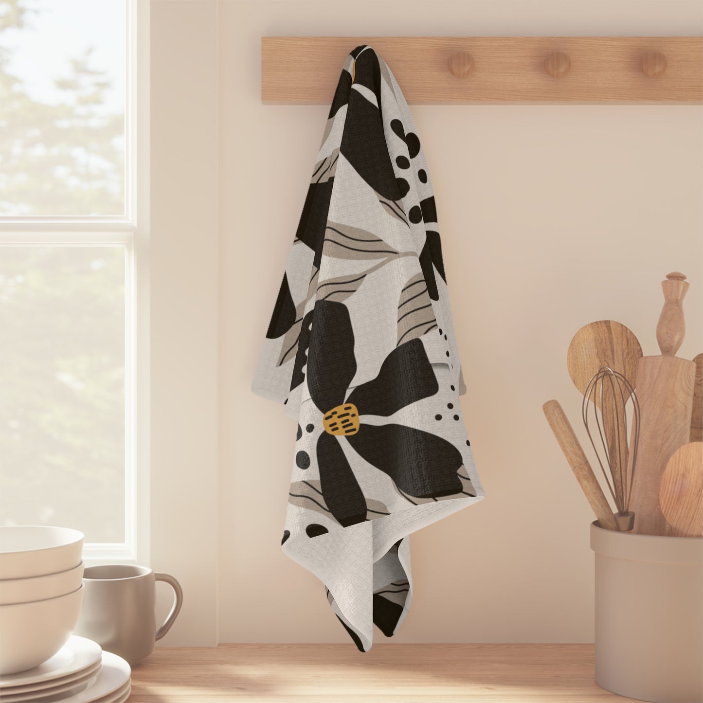 Black & White Floral Tea Towel – Modern Botanical Microfiber Kitchen Towel | Chic Home Gift