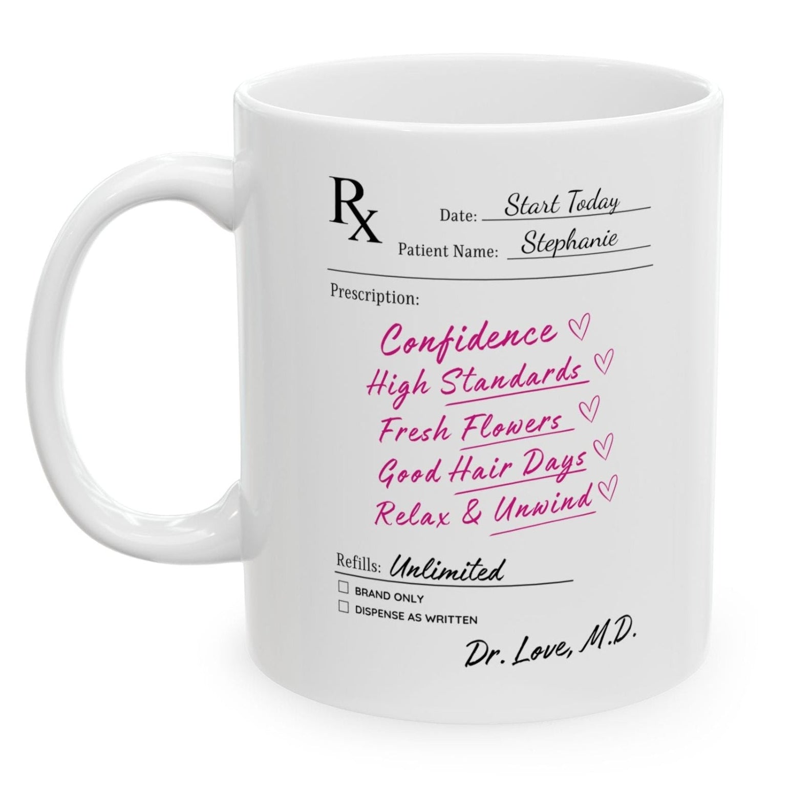 A white ceramic coffee mug printed with a prescription-style form design in black and pink text, shown on a white background with a light pink border.