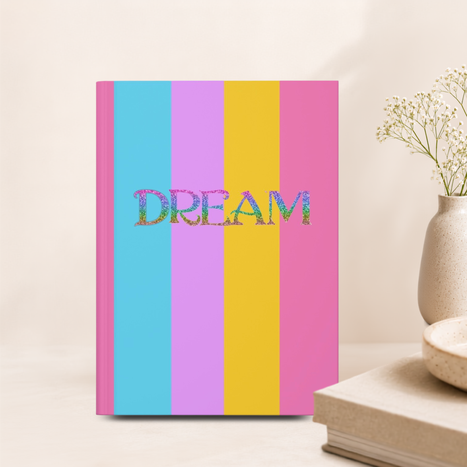 A hardcover notebook with vertical pastel stripes in blue, purple, yellow, and pink, featuring the word 'DREAM' in glittery multicolor letters across the center. The notebook is styled on a light beige surface next to a small vase with dried flowers and a book.