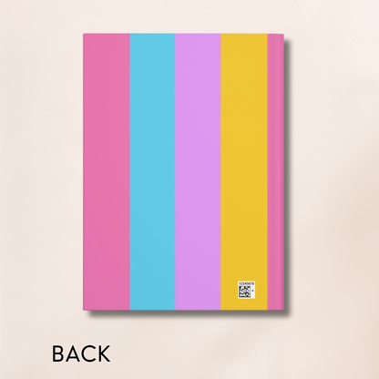 A notebook or journal shown from the back, featuring vertical pastel stripes in pink, light blue, lavender, and mustard yellow on a warm beige background. The word 'BACK' is printed below the notebook, and a small 'color me' logo is visible near the lower right of the cover.