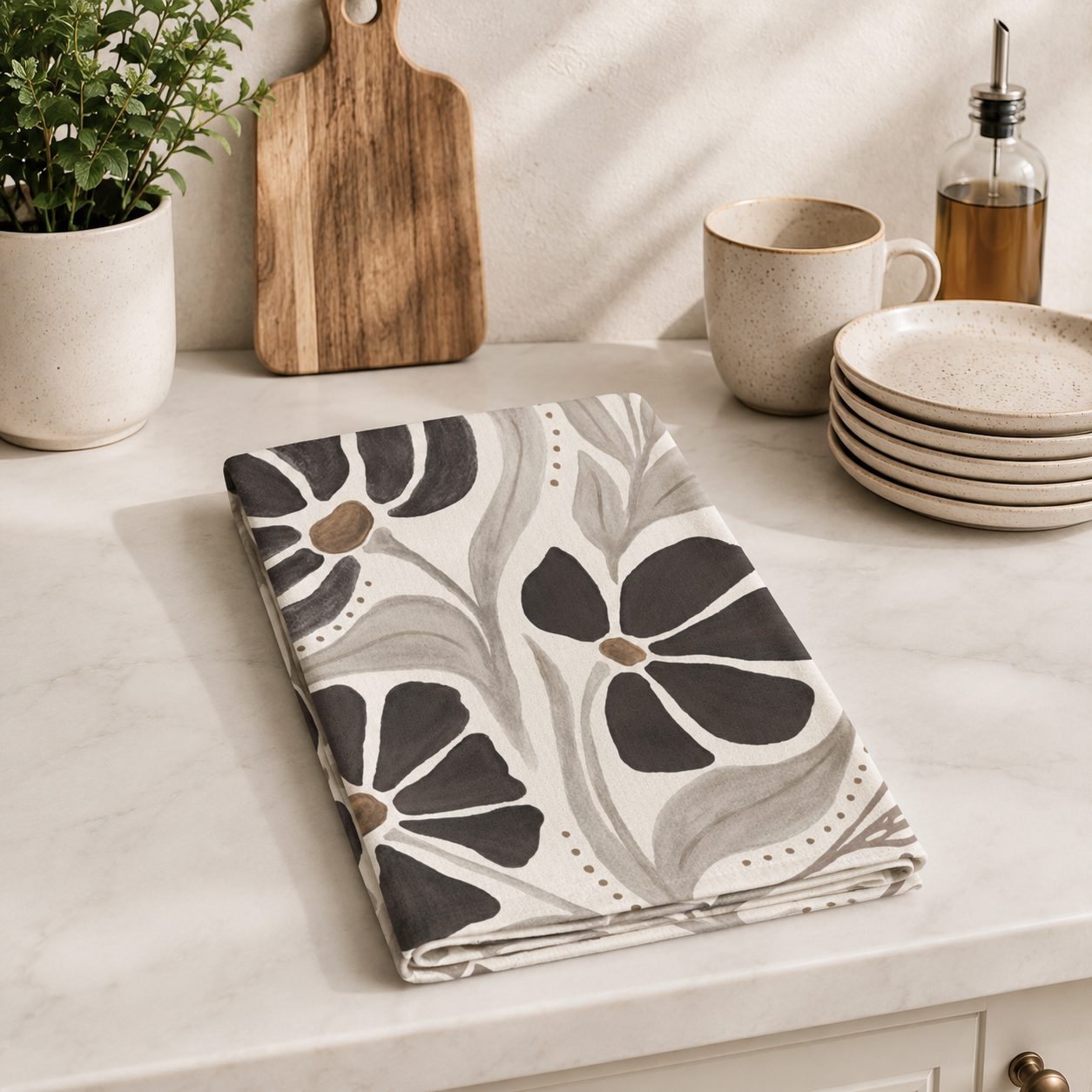 Geometric Floral Tea Towel – Modern Microfiber Kitchen Towel | Elegant Housewarming Gift