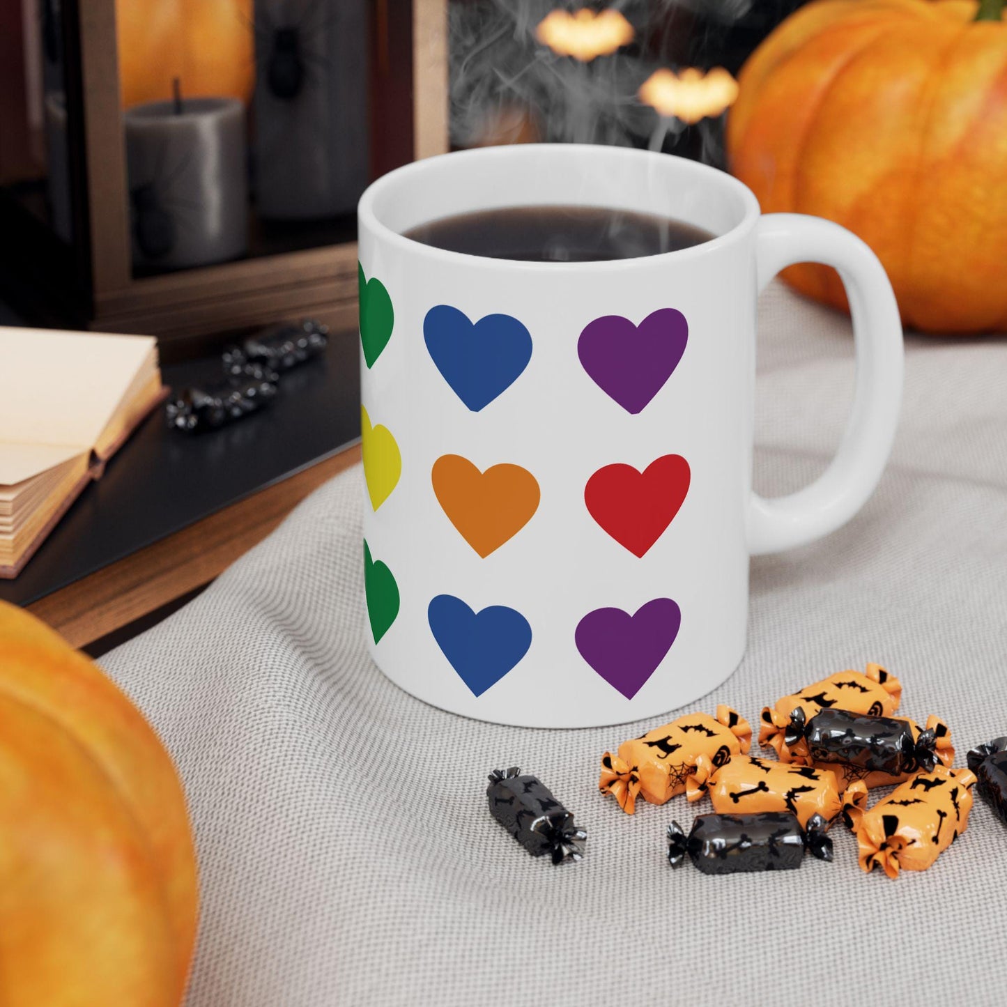 Rainbow Heart Pattern Mug | Ceramic Coffee Cup