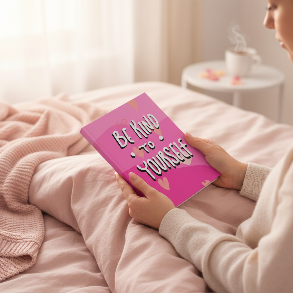 Be Kind To Yourself journal held in hands on cozy pink bed lifestyle photo