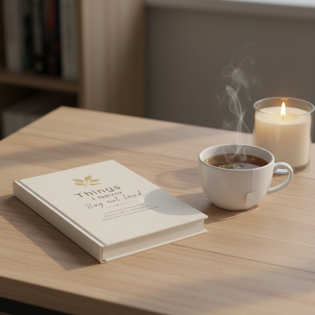 Things I Never Say Aloud journal on desk with candle and herbal tea lifestyle photo
