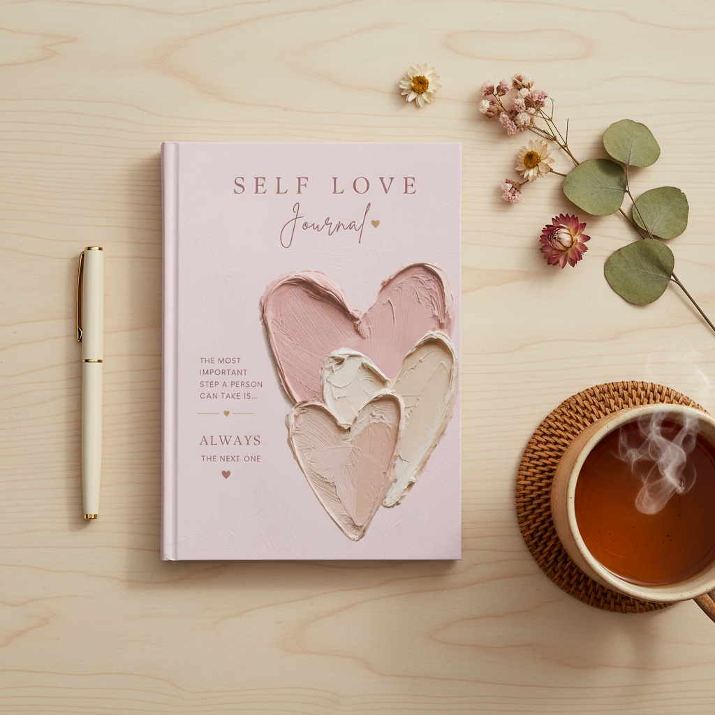 Self Love Journal flat lay on wooden surface with pen, dried flowers and tea