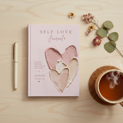 Self Love Journal flat lay on wooden surface with pen, dried flowers and tea