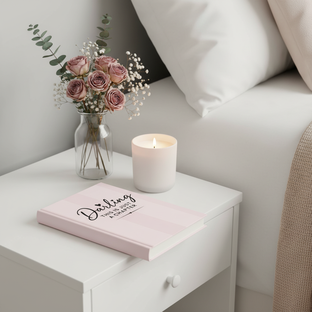 Darling This Is Just A Chapter journal on nightstand with candle and dried flowers lifestyle photo